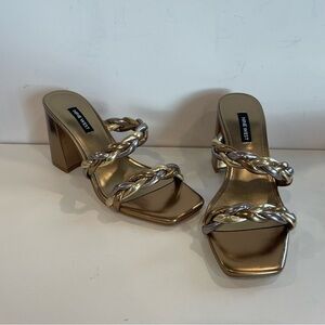 Nine West Garita 3 Sandal Gold Silver Braided Block Heel‎ Women's size 8.5 Shiny